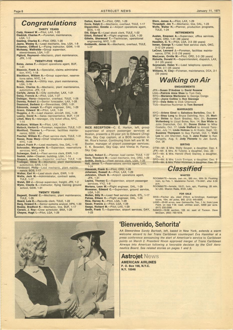 Recorte de periódico cuando American Airlines inició sus vuelos en Puerto Rico en marzo de 1971, hace 50 años. La primera ruta que se estableció en ese momento fue de San Juan a Nueva York.