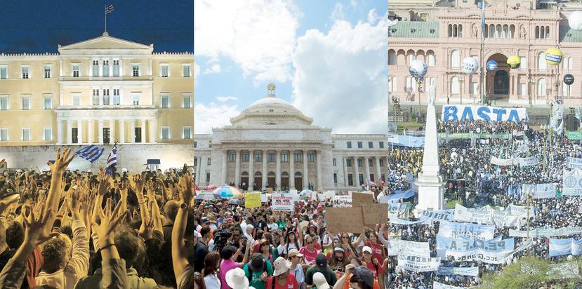 Imágenes de protestas en Grecia, Puerto Rico y Argentina. (Montaje)