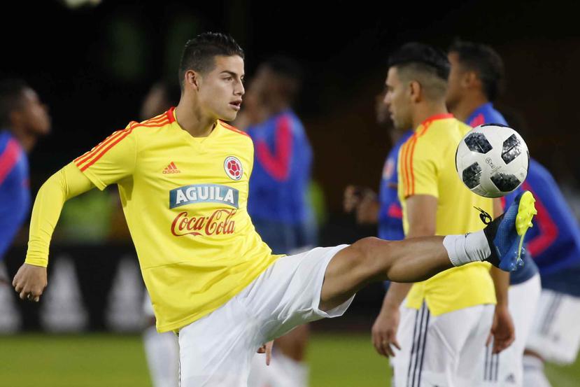 El volante de Colombia James Rodríguez previo a un amistoso en Bogotá, el viernes 25 de mayo de 2018. (AP)