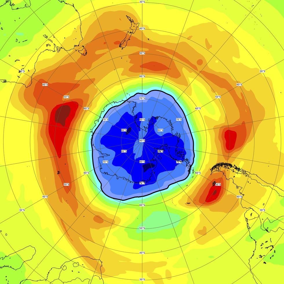 Imagen proporcionada por la Agencia Espacial Europea de un mapa del agujero de ozono sobre el Polo Sur el 16 de septiembre de 2021.