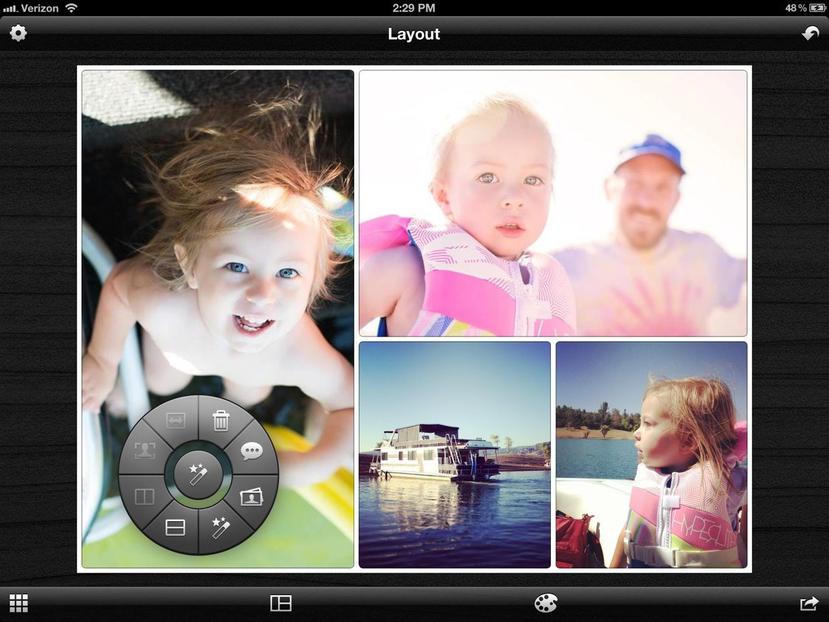 Layout permite al usuario elegir entre diseños predeterminados para collages fotográficos, así como reacomodar las imágenes y ajustar su forma y tamaño.