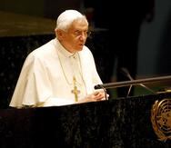 Imagen de Archivo del papa Benedicto XVI, durante el discurso que pronunció ante la Asamblea General de Naciones Unidas, en la sede de la ONU en Nueva York, Estados Unidos.
EFE/Matt Cambell
