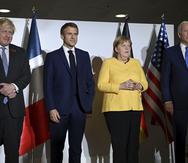 Desde la izquierda: primer ministro británico Boris Johnson, presidente francés Emmanuel Macron, canciller alemana Angela Merkel y presidente estadounidense Joe Biden en la cumbre G20 en Roma.