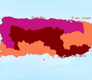 Mapa que muestra los diferentes niveles de advertencia por calor emitidos para Puerto Rico. El rojo oscuro muestra la vigilancia de calor, el anaranjado la advertencia y el rosado el aviso de calor.