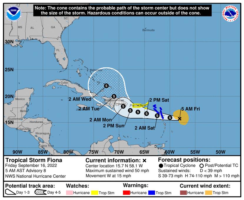 Trayectoria oficial de la tormenta tropical Fiona, según el boletín de las 5:00 a.m. del 16 de septiembre de 2022.