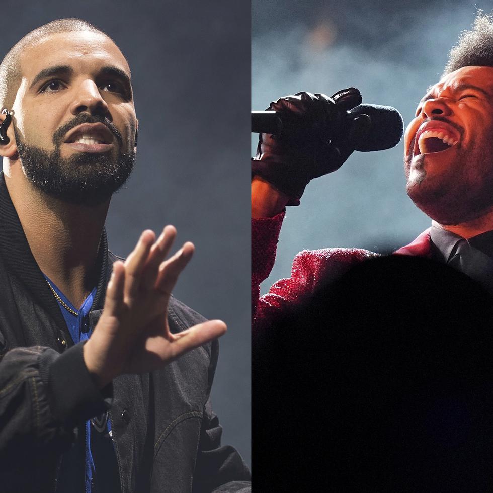 Drake durante una presentación en Toronto el 8 de octubre de 2016, izquierda, y The Weeknd durante su espectáculo del medio tiempo en el Super Bowl el 7 de febrero de 2021 en Tampa, Fla. Drake, el artista más decorado en la historia de los Premios Billboard, será homenajeado como Artista de la Década en la ceremonia del domingo, donde The Weeknd es finalista a 16 premios. (AP Foto)