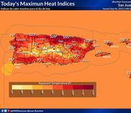 Mapa que muestra las a cuánto pueden ascender los índices de calor por área este martes, 6 de septiembre de 2022.