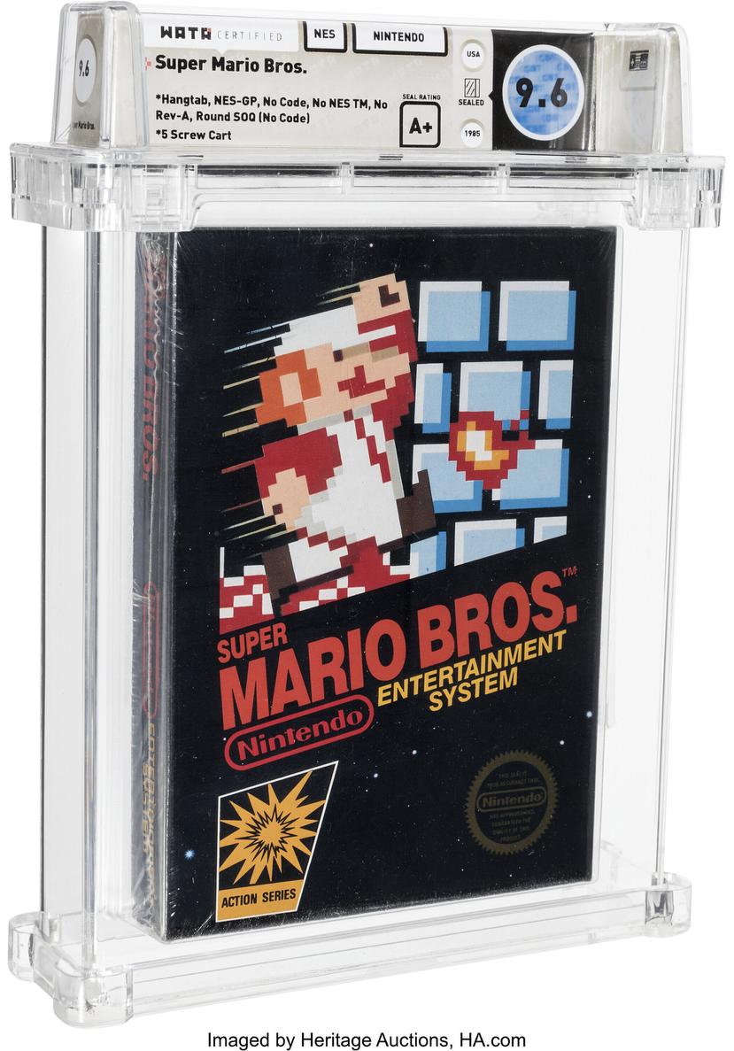 Esta foto facilitada por Heritage Auctions muestra un cartucho sin abrir del juego Super Mario Bros., de Nintento, adquirido en 1986 y olvidado por décadas en un cajón, que se vendió por $660,000 dólares en una subasta.