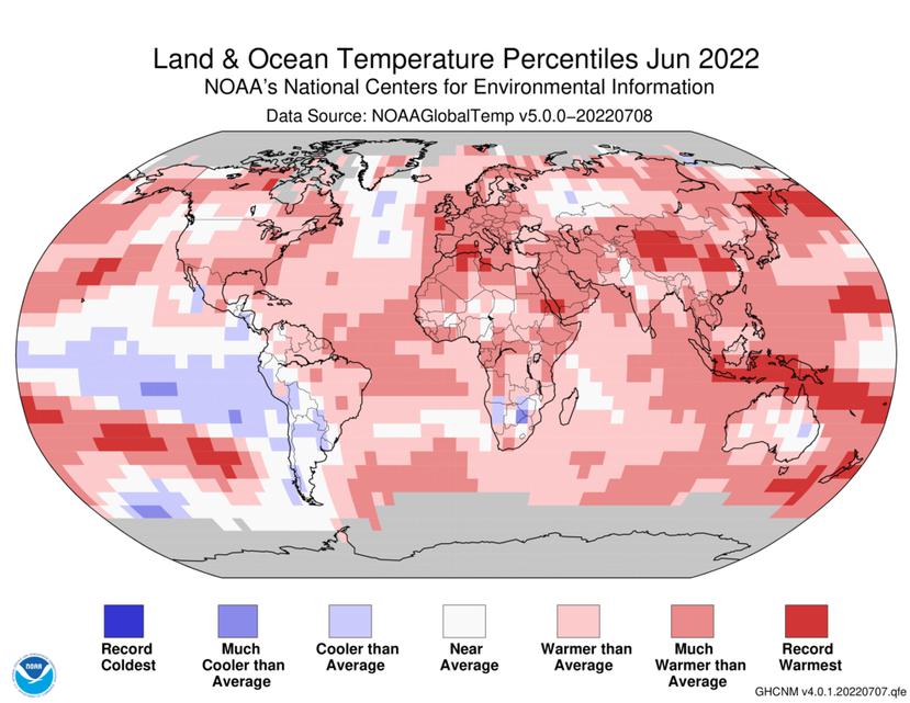 Mapa que muestra las temperaturas durante junio de 2022 comparadas al récord climatológico.