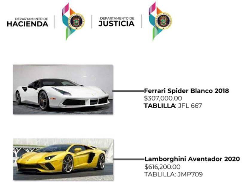 Imagen circulada por el Departamento de Hacienda y Justicia en las redes sociales con los modelos de autos de lujo, similares a los que el empresario Luis Benítez mantiene escondidos.