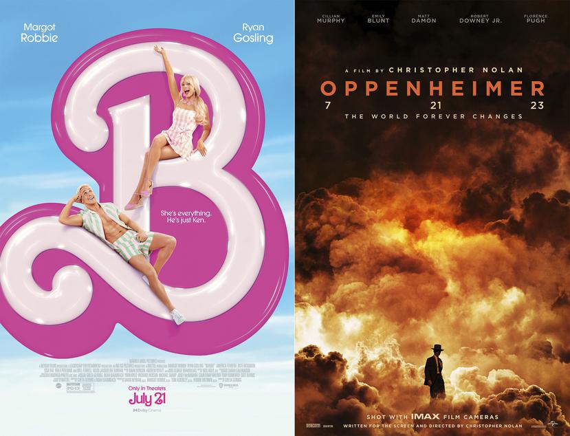 Esta combinación de imágenes muestra el arte promocional de "Barbie", a la izquierda, y "Oppenheimer", a la derecha. (Warner Bros Pictures/Universal Pictures vía AP)