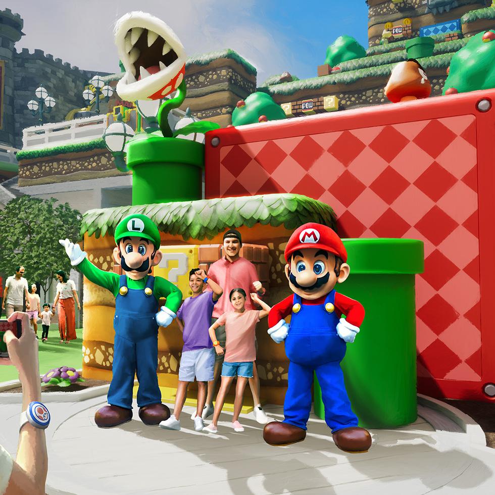 Super Nintendo World de Epic Universe incluirá atracciones, restaurantes, tiendas y experiencias interactivas inspiradas en la franquicia Super Mario. En la imagen, un "meet and greet" con Mario and Luigi. 