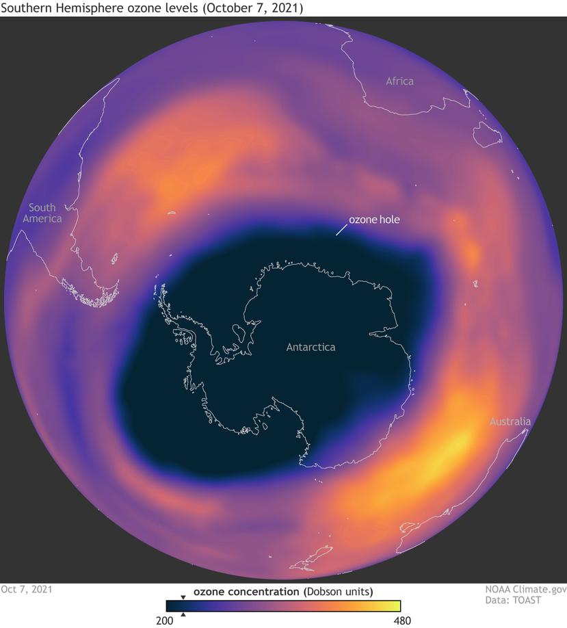 Mapa que muestra el agujero en la capa de ozono sobre la Antártida en su tamaño máximo el pasado 7 de octubre.