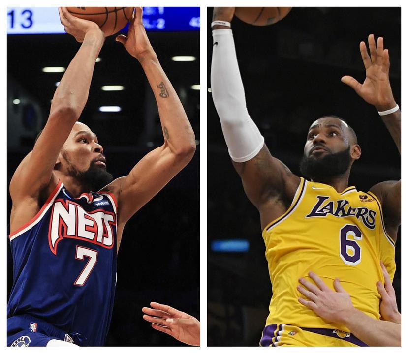Kevin Durant (izquierda) está fuera por lesión y los Nets atraviesan por una racha perdedora. LeBron James, por su parte, se ha perdido 17 juegos de los Lakers por lastimaduras.
