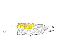 Mapa que muestra en amarillo las áreas bajo condiciones atípicamente secas y en color crema las áreas con sequía moderada.