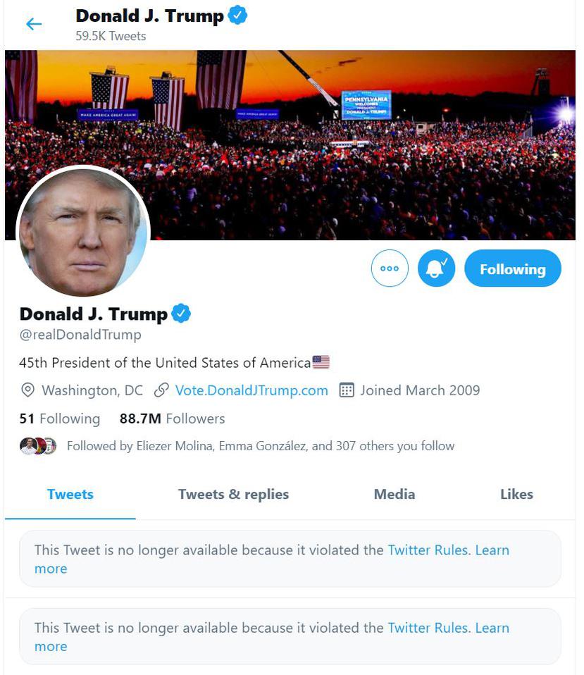 Portada de la cuenta de Donald Trump en su Twitter luego de ser bloqueada.