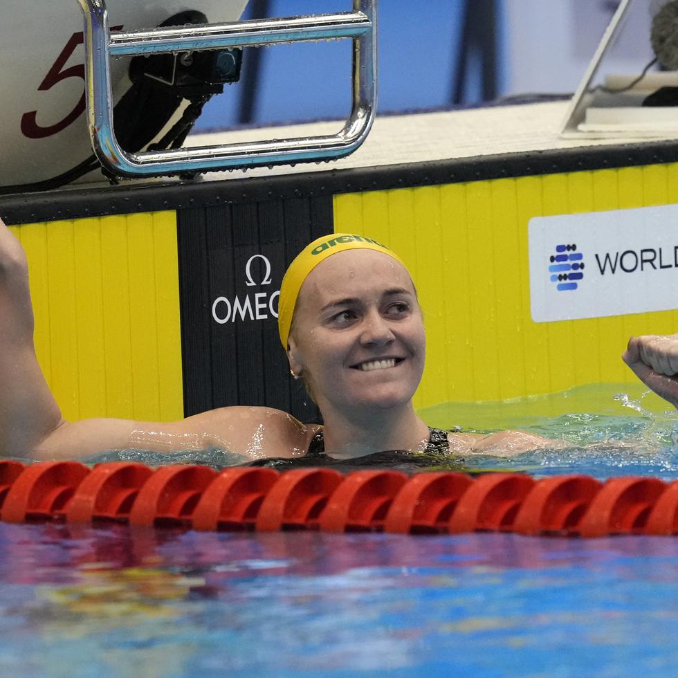 La australiana Ariarne Titmus tras ganar la final de los 400 metros estilo libre en el Mundial de natación en Fukuoka, Japón, el domingo 23 de julio de 2023. (AP Foto/Lee Jin-man)
