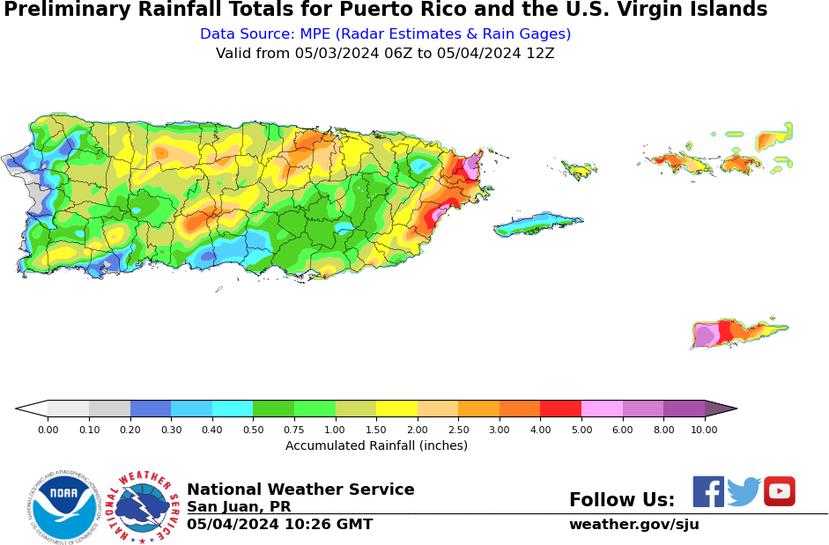 Reporte preliminar de cantidad de pulgadas de lluvia acumuladas en Puerto Rico entre el viernes, 3 y el sábado, 4 de mayo de 2024.
