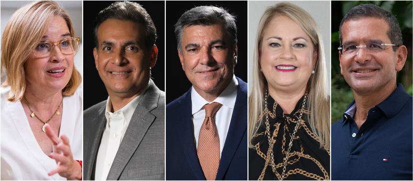Los precandidatos a la gobernación, de izquierda a derecha: Carmen Yulín Cruz Soto, Eduardo Bhatia, Carlos Delgado Altieri, Wanda Vázquez Garced y Pedro Pierluisi.
