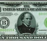 Imagen del raro billete de $10,000, con la imagen de Salmon P. Chase