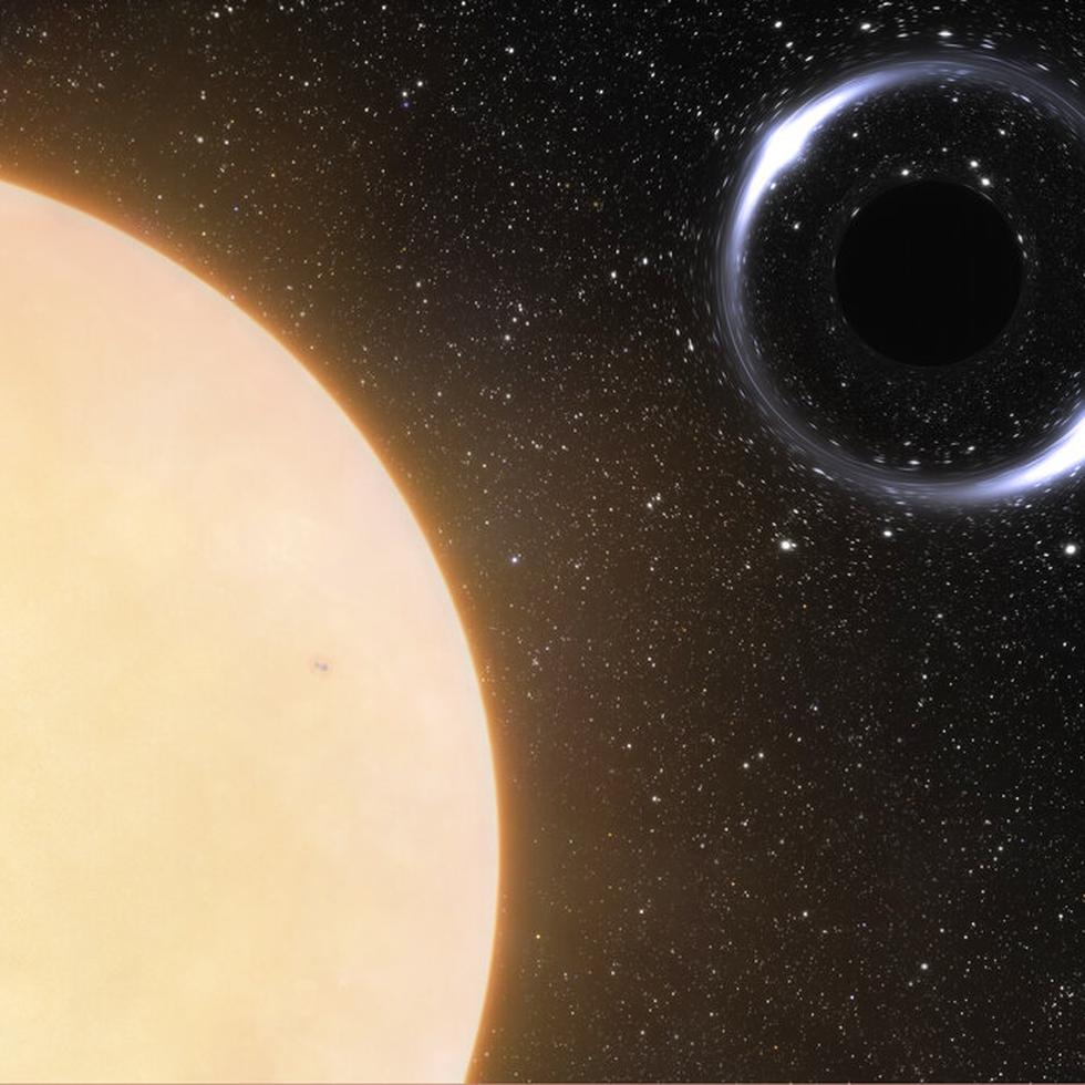 Esta ilustración proporcionada por NOIRLab en noviembre de 2022 muestra el agujero negro más cercano a la Tierra y su estrella compañera similar al Sol. (International Gemini Observatory/NOIRLab/NSF/AURA/J. da Silva/Spaceengine/M. Zamani via AP)