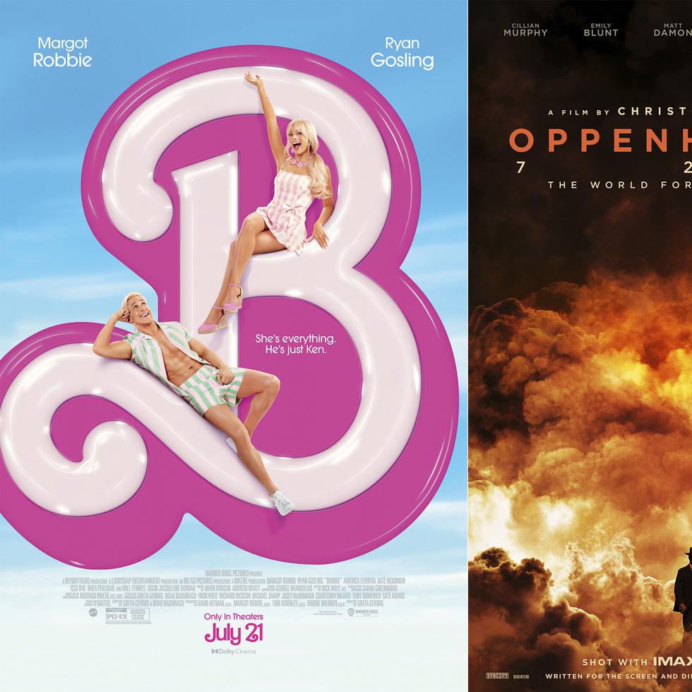 Esta combinación de imágenes muestra el arte promocional de "Barbie", a la izquierda, y "Oppenheimer", a la derecha. (Warner Bros Pictures/Universal Pictures vía AP)