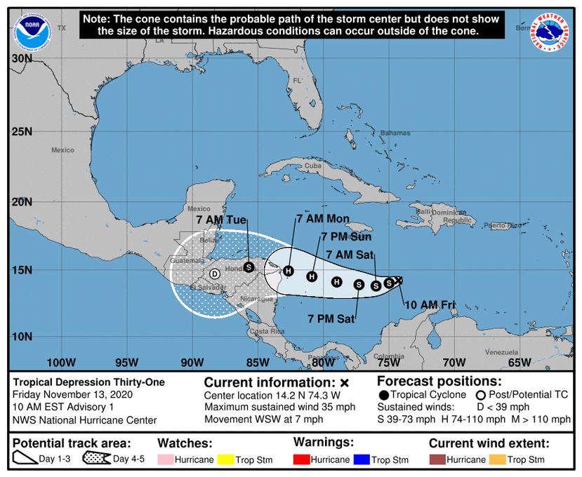 Mapa de trayectoria de la depresión tropical Iota.
