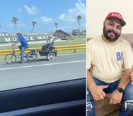 A la izquierda, la imagen viral del momento en que Roberto Stewart transportaba a su madre en silla de ruedas por una de las principales vías del país. A la derecha, Maed Torres junto a Roberto Stewart.
