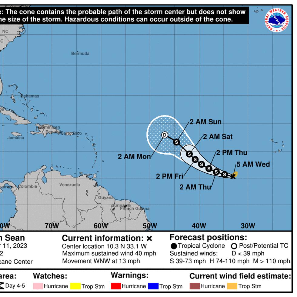 Trayectoria oficial pronosticada de la tormenta tropical Sean, según el boletín de las 5:00 a.m. del 11 de octubre de 2023.