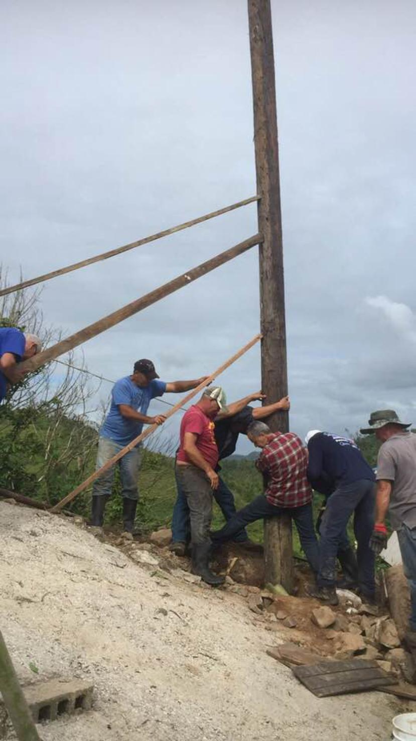 Usaron desde tractores de agricultores hasta sus propias manos para empujar e instalar los postes que el huracán María destruyó. (Suministrada)