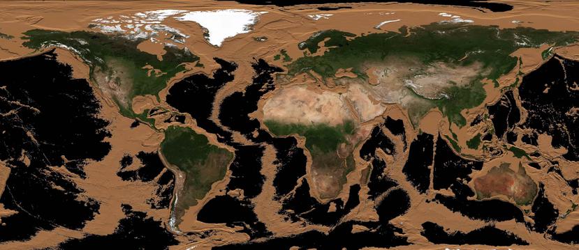 Las áreas color marrón muestran cómo se vería la superficie de la Tierra sin cuerpos de agua. (Captura / YouTuibe.com)