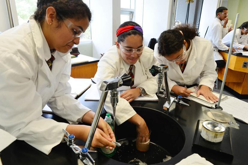 Estudiantes de la Escuela Secundaria Especializada en Ciencias, Matemáticas y Tecnología de Caguas realizan una tarea en uno de los laboratorios del plantel.