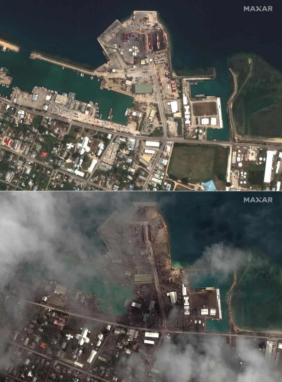 Antes y después en las principales instalaciones portuarias de Nuku'alofa, en Tonga.