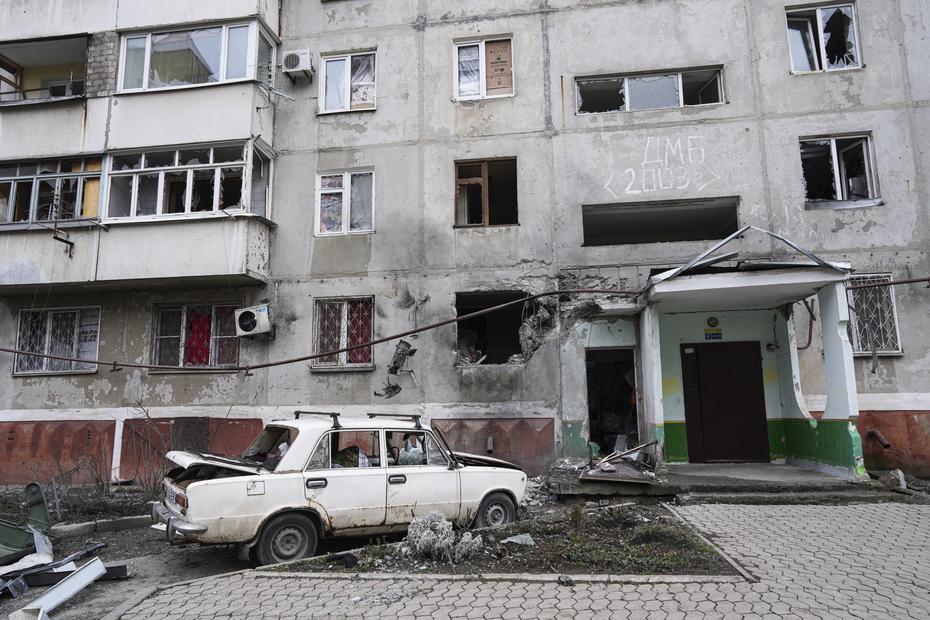 An apartment complex destroyed by shelling in the city of Mariupol, Ukraine.