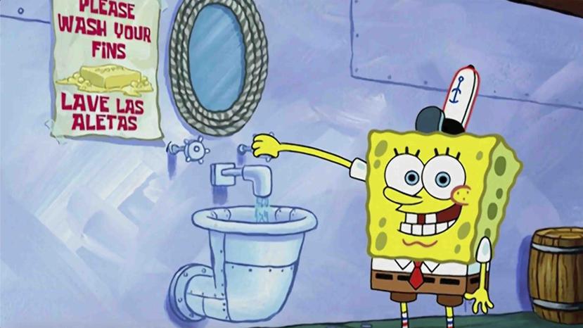 Sponge Bob enseña a la gente a lavarse adecuadamente las manos y a mantener un distanciamiento social. (EFE)