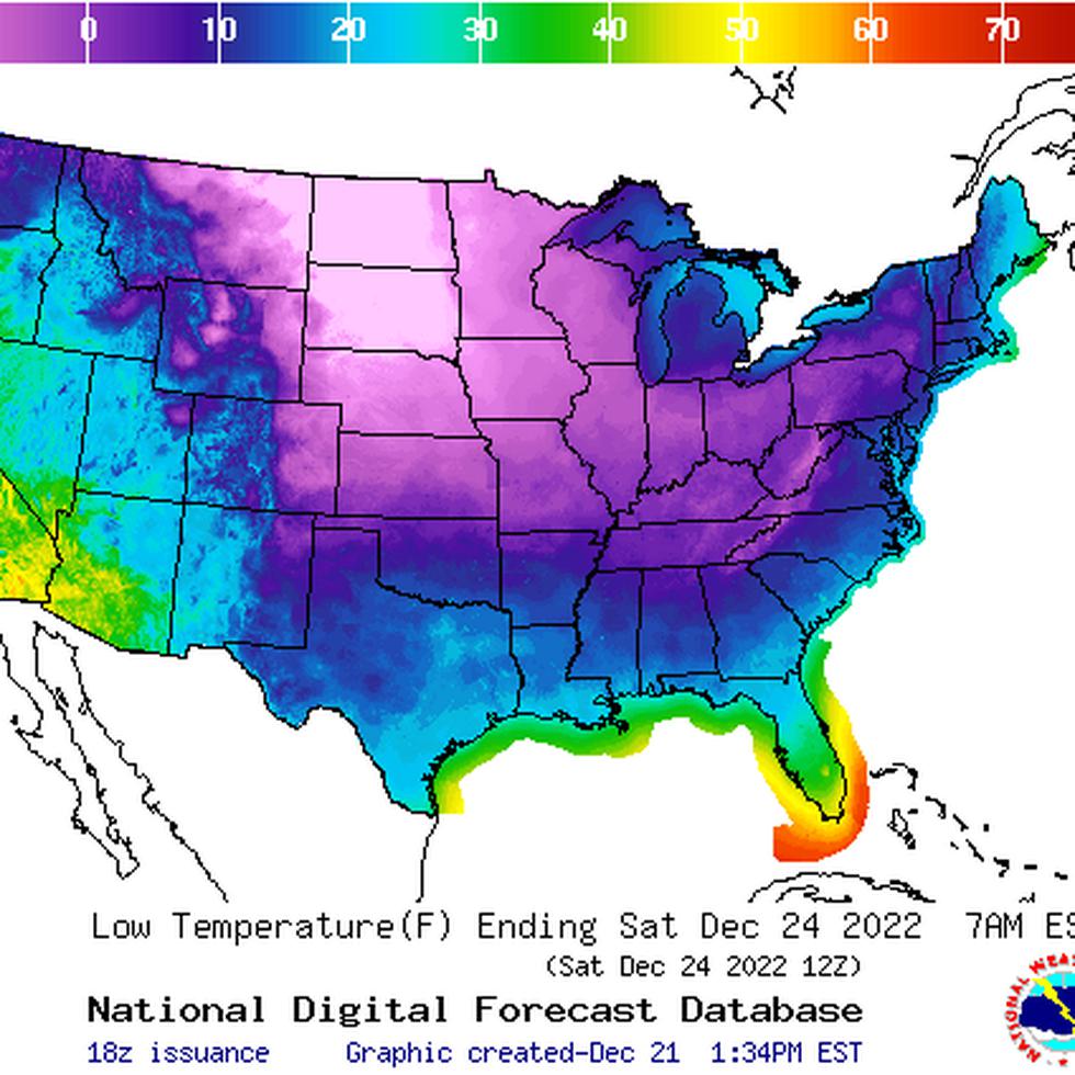 Pronóstico de temperaturas mínimas para la noche del próximo viernes, 23 de diciembre de 2022, en Estados Unidos. Colores del verde hacia el violeta representan temperaturas por debajo de los 30 grados Fahrenheit.