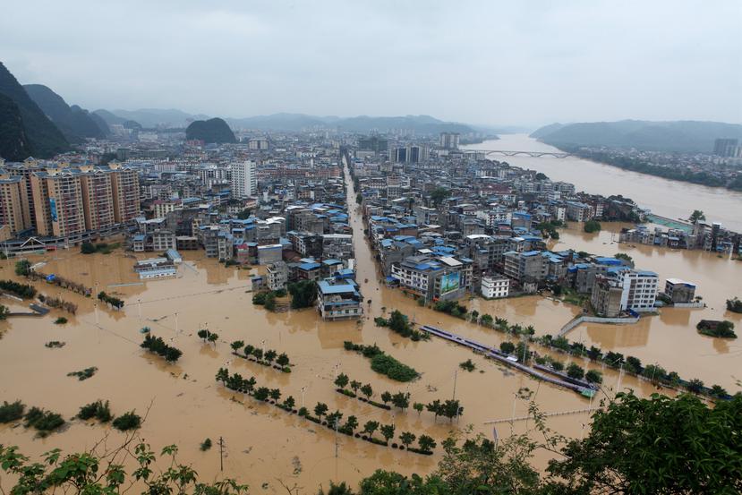 Vista aérea de las inundaciones que afectan a la localidad de Liuzhou en China.