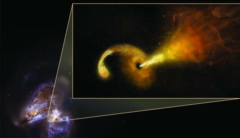 Recreación artística de un evento de disrupción por mareas, en el que un agujero negro absorbe una estrella. (NRAO/AUI/NSF; NASA, STScI)