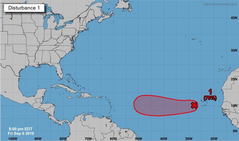 Imagen que muestra el pronóstico para un sistema tropical que vigila el Centro Nacional de Huracanes, el viernes, 6 de septiembre a las 8:00 p.m. (NOAA)