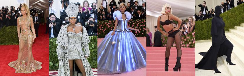 Una combinación de fotos de diversas galas en la que aparecen  Beyonce, Rihanna, Zendaya, Lady Gaga y Kim Kardashian.