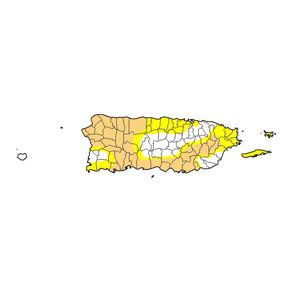 Mapa que muestra la distribución de áreas con condiciones de sequía en Puerto Rico, según el informe del 4 de abril de 2023.