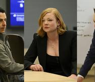 De izquierda a derecha, Jeremy Strong, Sarah Snook y Kieran Culkin, protagonistas de la serie "Succession" de HBO.