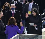 Kamala Harris is sworn in as Vice President by Supreme Court Justice Sonia Sotomayor as her husband Doug Emhoff holds the Bible during the 59th Presidential Inauguration at the U.S. Capitol in Washington, Wednesday, Jan. 20, 2021. (AP Photo/Carolyn Kaster)