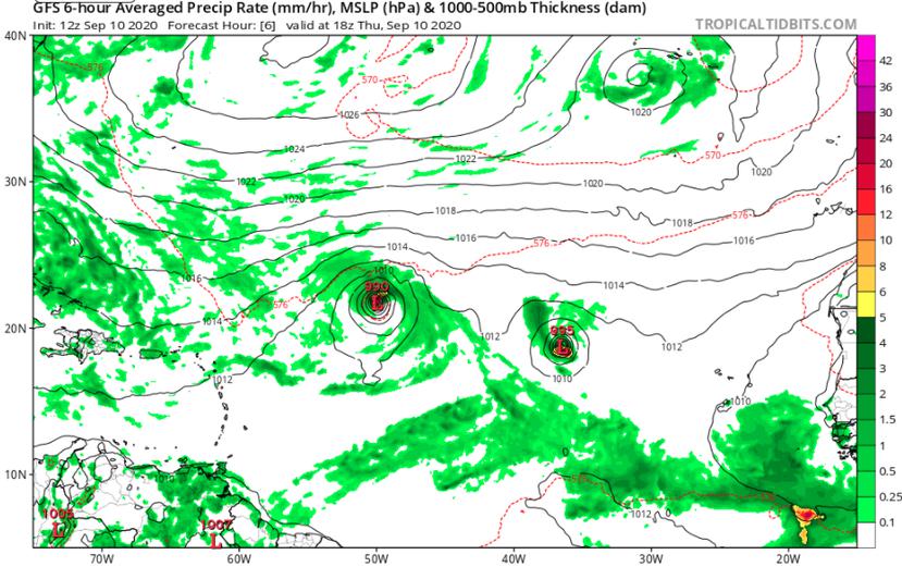 Imagen del modelo meteorológico GFS que sugiere en dónde estarían ubicadas las tormentas tropicales Paulette y René, así como una onda tropical al oeste de África, en la tarde del jueves, 10 de septiembre de 2020.