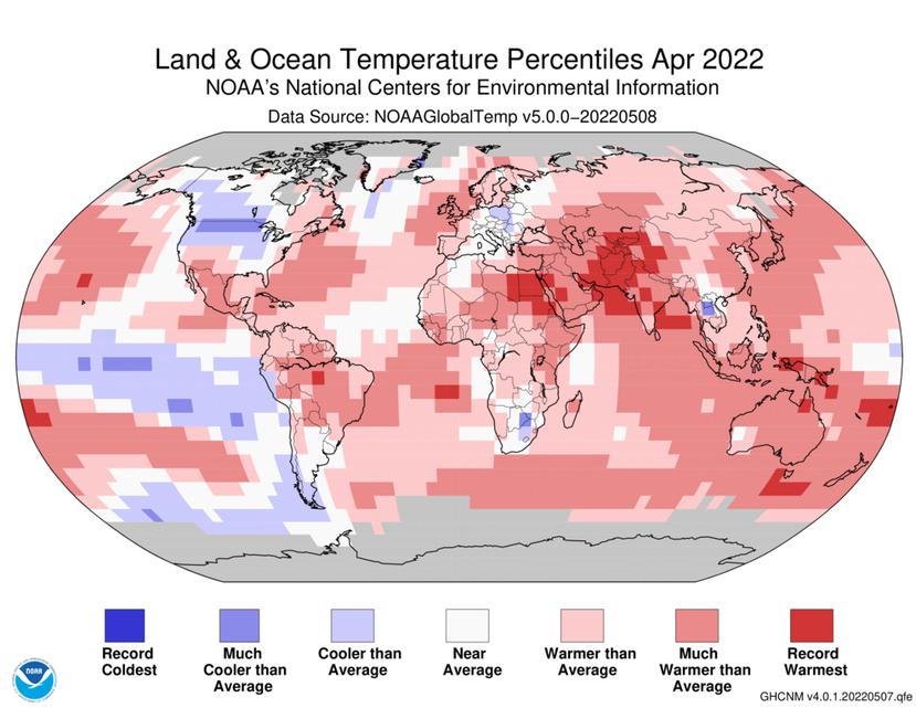 Mapa que muestra las percentilas de las temperaturas promedios en el planeta durante abril de 2022.