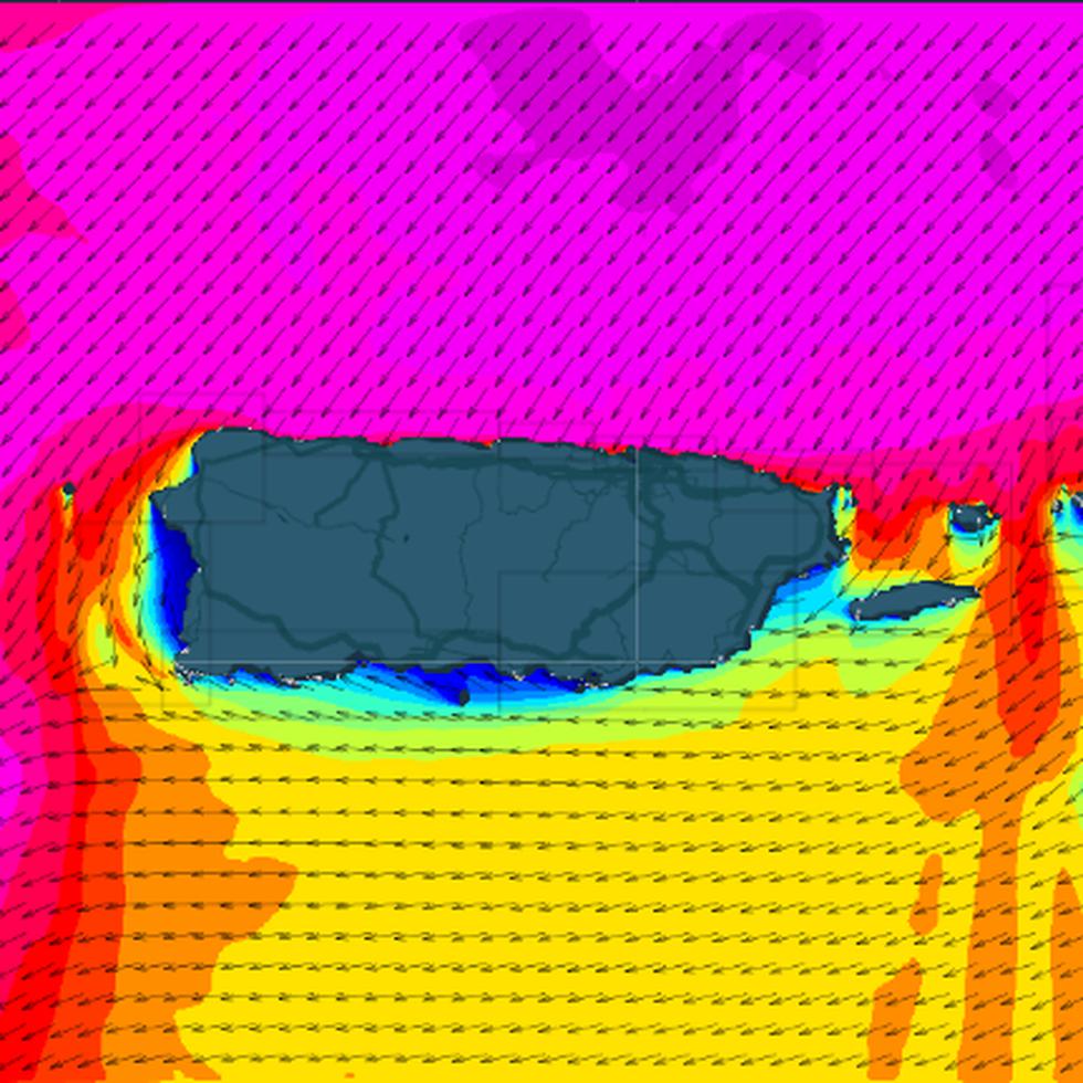 Mapa de pronóstico de altura de oleaje (en pies) a través de Puerto Rico para el jueves, 9 de febrero de 2023, según el Sistema Integrado de Observación Costera Oceánica para el Caribe (CariCOOS, en inglés). Los colores reflejan que el oleaje superaría los 10 pies.