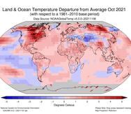 Infografía que muestra las percentilas de temperatura promedio en tierra y océano durante el pasado mes de octubre 2021.