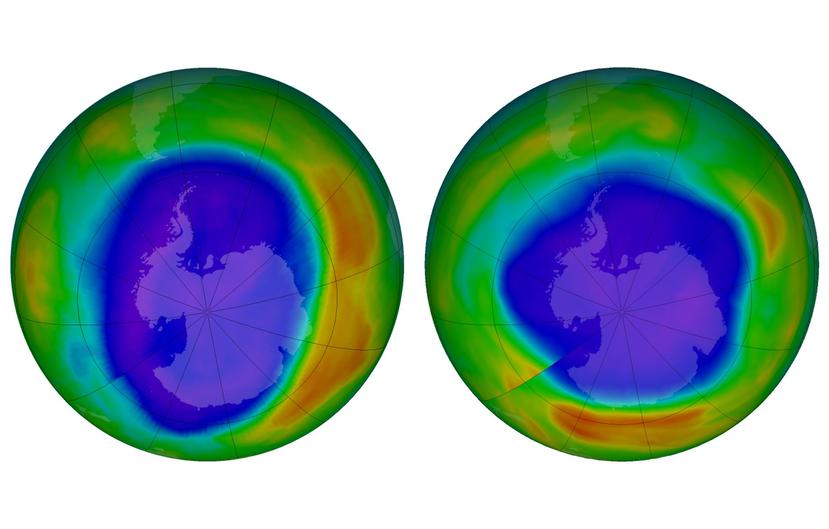 En esta combinación de imágenes proporcionada por la NASA se muestran zonas de bajo potencial de agotamiento de la capa de ozono sobre la Antártida en septiembre de 2000 (izquierda) y en septiembre de 2018. (NASA vía AP)