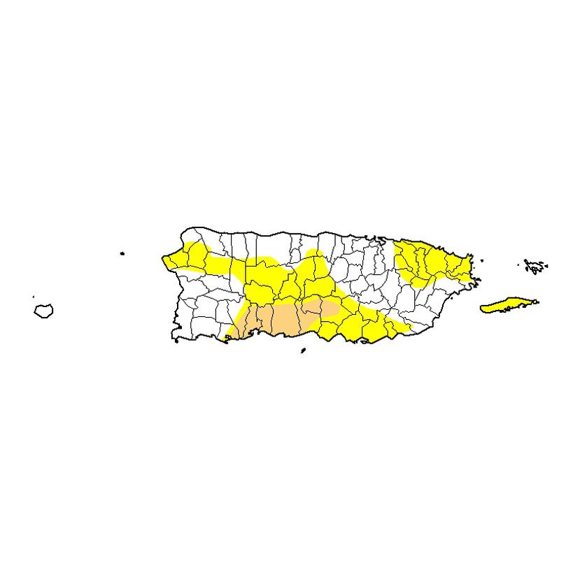 Mapa que muestra en amarillo las áreas bajo condiciones atípicamente secas y en color crema las áreas con sequía moderada. (USDM)