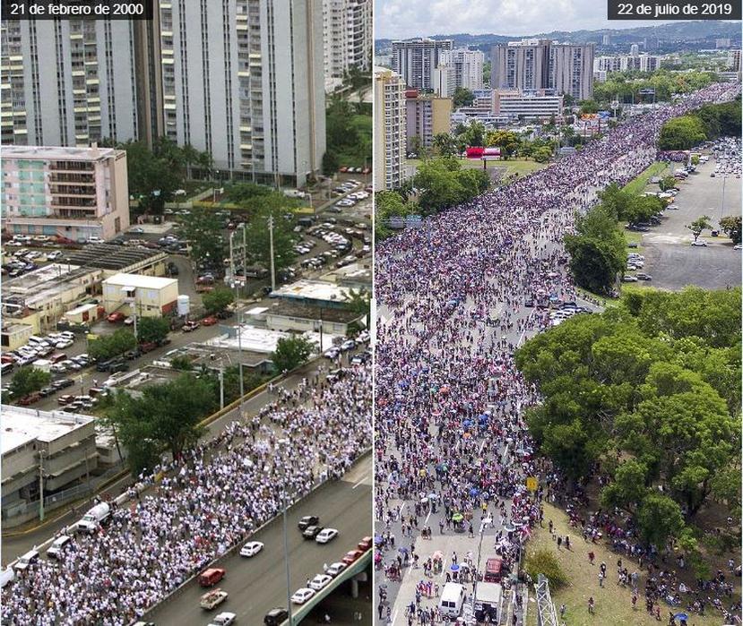 La manifestación "Paz para Vieques" el 21 de febrero del 2000, y el Paro Nacional este lunes, 22 de julio de 2019, para exigir la renuncia del gobernador Ricardo Rosselló Nevares. (GFR Media)